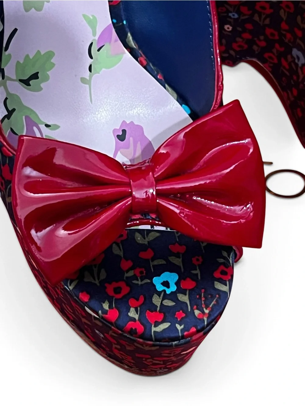 Betsey Johnson Navy Floral Platform Slingbacks with Red Bow